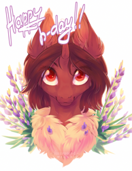 Size: 1400x1800 | Tagged: safe, artist:hazepages, oc, oc only, oc:red flux, changeling, moth, mothling, original species, bust, eye clipping through hair, eyebrows, eyebrows visible through hair, flower, horn, looking at you, male, neck fluff, portrait, red changeling, signature, simple background, smiling, smiling at you, solo, white background