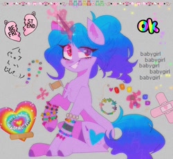 Size: 1024x946 | Tagged: safe, artist:blairvonglitter, izzy moonbow, pony, unicorn, g5, bandaid, bracelet, chest fluff, ear fluff, female, gray background, grin, heart, heartbreak, jewelry, looking at you, magic, mare, raised hoof, simple background, sitting, smiling, solo, teeth, telekinesis, text, thread