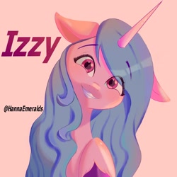 Size: 2048x2048 | Tagged: safe, artist:hannagm15byhan1, izzy moonbow, pony, unicorn, g5, cute, female, floppy ears, grin, high res, izzybetes, looking at you, mare, pink background, raised hoof, simple background, smiling, solo, teeth, text, unshorn fetlocks