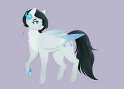 Size: 3327x2390 | Tagged: safe, artist:nyota71, oc, oc only, oc:violina, pegasus, pony, derpibooru community collaboration, g4, belly fluff, cloven hooves, colored pupils, colored wings, colored wingtips, female, headphones, high res, ipod, mare, music player, pegasus oc, simple background, smiling, solo, unshorn fetlocks