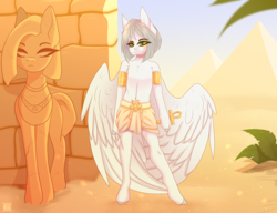 Size: 2808x2160 | Tagged: safe, artist:elektra-gertly, oc, oc:light knight, pegasus, semi-anthro, ankh, arm hooves, day, desert, egypt, egyptian, high res, loincloth, male, pyramid, solo, statue