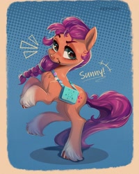 Size: 1642x2052 | Tagged: safe, artist:harellysad, sunny starscout, earth pony, pony, g5, abstract background, badge, bag, braid, chest fluff, cute, dialogue, female, looking at you, mare, open mouth, solo, sunnybetes, unshorn fetlocks