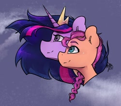 Size: 1200x1048 | Tagged: safe, artist:midnightpremiere, sunny starscout, twilight sparkle, alicorn, earth pony, pony, unicorn, g5, the last problem, braid, bust, crown, female, jewelry, mare, older, older twilight, older twilight sparkle (alicorn), portrait, princess twilight 2.0, regalia, signature, smiling, sunny and her heroine, twilight sparkle (alicorn)