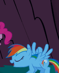 Size: 435x540 | Tagged: safe, edit, edited screencap, screencap, pinkie pie, rainbow dash, earth pony, pegasus, pony, friendship is magic, g4, season 1, animated, cropped, cute, dashabetes, female, flying, gif, jumping, mare, open mouth, reversed, scaring, smiling, solo focus, tongue out, wings
