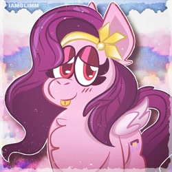 Size: 1024x1024 | Tagged: safe, artist:iamglimm, pipp petals, pegasus, pony, g5, :p, blushing, chest fluff, cloud, eyelashes, female, looking at you, mare, red eyes, red-eyed pipp, sky, solo, text, tongue out