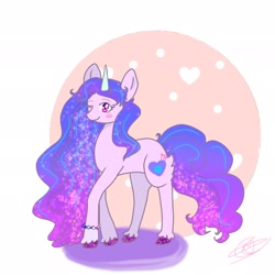 Size: 2048x2048 | Tagged: safe, artist:vic17523835, izzy moonbow, pony, unicorn, g5, abstract background, blushing, bracelet, cute, female, high res, izzybetes, jewelry, looking at you, one eye closed, solo, unshorn fetlocks, wink