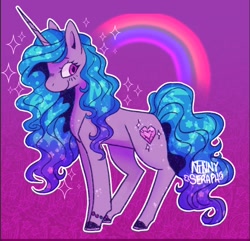 Size: 584x564 | Tagged: safe, artist:ninnyseraph, izzy moonbow, pony, unicorn, g5, abstract background, bracelet, cute, female, izzybetes, jewelry, mare, rainbow, smiling, solo