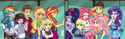 Size: 4750x1500 | Tagged: safe, artist:lucy-tan, applejack, fluttershy, pinkie pie, rainbow dash, rarity, sci-twi, sunset shimmer, twilight sparkle, human, equestria girls, equestria girls series, g4, canterlot high, clothes, cody martin, commission, crossover, dice corleone, disney, equestria girls-ified, female, freddie benson, gibby gibson, glasses, humane five, humane seven, humane six, icarly, kids, male, nickelodeon, sam & cat, the suite life of zack and cody, zack martin