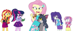 Size: 10593x4508 | Tagged: safe, artist:urhangrzerg, fluttershy, rarity, sci-twi, sunset shimmer, sweetie belle, twilight sparkle, cat, mouse, equestria girls, equestria girls series, cartoon network, crossover, crying, imminent pain, makeup, mascarity, moments before disaster, rarity peplum dress, running makeup, simple background, this will end in pain, this will not end well, tom and jerry, transparent background, vector