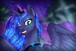 Size: 1500x1000 | Tagged: safe, artist:not-ordinary-pony, derpibooru exclusive, princess luna, alicorn, pony, g4, diadem, ethereal mane, female, glowing mane, mare, peytral, smiling, solo, starry mane