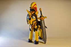 Size: 1024x681 | Tagged: safe, artist:crosslineanimator, sunset shimmer, pony, unicorn, g4, armor, clay, female, figure, mare, model, photography, plasticine, solo, sword, weapon