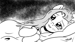 Size: 1200x675 | Tagged: safe, artist:pony-berserker, fluttershy, pony, g4, bed, bedroom eyes, cute, good morning, halftone, looking at you, lying down, lying on bed, messy hair, monochrome, morning ponies, on bed, on side, shyabetes, solo