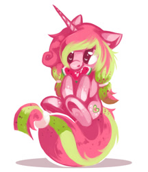 Size: 906x1050 | Tagged: safe, artist:typicalup, oc, oc only, oc:melon pop, pony, unicorn, eating, floppy ears, food, herbivore, horn, sitting, solo, unicorn oc, watermelon