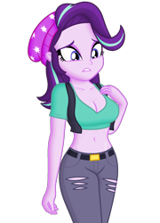 Size: 1440x2000 | Tagged: safe, artist:ah96, edit, editor:ah96, starlight glimmer, human, equestria girls, equestria girls specials, g4, my little pony equestria girls: mirror magic, beanie, belly button, breast edit, breasts, busty starlight glimmer, cleavage, female, hat, midriff, ms paint, multicolored hair, nervous, purple skin, shading, shiny skin, simple background, solo, tomboy, transparent background