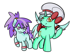 Size: 2422x1779 | Tagged: safe, artist:dinkyuniverse, liza doolots, lyra heartstrings, petunia, tootsie flute, pony, unicorn, g4, bow, bracelet, clothes, costume, cutie mark, ear piercing, earring, female, filly, hat, jewelry, liza (pokémon), lyra (pokémon), lyre, mare, mother and child, mother and daughter, musical instrument, namesake, piercing, poké ball, pokémon, pokémon trainer, ponytail, pun, simple background, smiling, tail bow, trainer, visual pun, white background