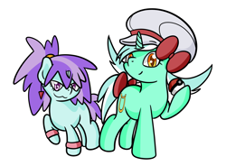 Size: 2422x1779 | Tagged: safe, artist:dinkyuniverse, liza doolots, lyra heartstrings, petunia, tootsie flute, pony, unicorn, g4, bow, bracelet, clothes, costume, cutie mark, duo, ear piercing, earring, female, filly, hat, jewelry, liza (pokémon), lyra (pokémon), lyre, mare, mother and child, mother and daughter, musical instrument, namesake, piercing, poké ball, pokémon, pokémon trainer, ponytail, pun, simple background, smiling, tail bow, trainer, visual pun, white background