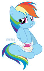 Size: 738x1200 | Tagged: safe, artist:jennieoo, rainbow dash, pegasus, pony, g4, diaper, diaper fetish, fetish, non-baby in diaper, show accurate, sitting, smiling, solo