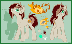 Size: 3533x2160 | Tagged: safe, artist:rosafi, oc, oc only, oc:blazing bullet, pony, unicorn, brown mane, bullet, green eyes, high res, horn, reference sheet, solo, unicorn oc