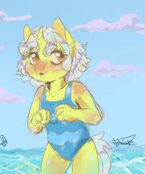 Size: 985x1181 | Tagged: safe, artist:beyond_inside, oc, oc only, oc:snow t. chaos, unicorn, anthro, blushing, clothes, cloud, eyelashes, female, horn, one-piece swimsuit, outdoors, swimsuit, unicorn oc, water