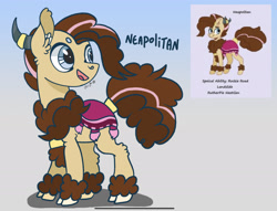 Size: 2184x1668 | Tagged: safe, artist:caramelbolt24, oc, oc only, oc:neapolitan, hybrid, pony, abstract background, chest fluff, cloven hooves, duo, ear fluff, interspecies offspring, looking back, offspring, parent:pinkie pie, parent:prince rutherford, parents:pinkieford, signature, tail wrap