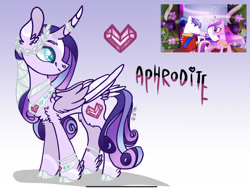 Size: 2202x1668 | Tagged: safe, artist:caramelbolt24, princess cadance, shining armor, oc, oc:aphrodite, alicorn, pony, unicorn, g4, abstract background, alicorn oc, chest fluff, clothes, curved horn, ear fluff, female, horn, horn ring, looking back, male, mare, offspring, parent:princess cadance, parent:shining armor, parents:shiningcadance, ring, screencap reference, signature, smiling, stallion, two toned wings, wings