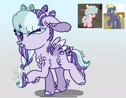 Size: 2136x1668 | Tagged: safe, artist:caramelbolt24, cozy glow, star tracker, oc, unnamed oc, earth pony, pegasus, pony, g4, abstract background, chest fluff, colt, crack ship offspring, ear fluff, female, filly, male, mare, offspring, one eye closed, parent:cozy glow, parent:star tracker, pegasus oc, raised hoof, screencap reference, signature, wings, wink