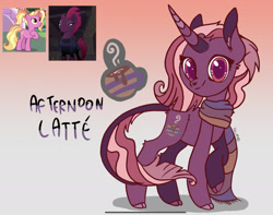 Size: 2116x1668 | Tagged: safe, artist:caramelbolt24, luster dawn, tempest shadow, oc, oc:afternoon latte, classical unicorn, pony, unicorn, g4, abstract background, clothes, cloven hooves, crack ship offspring, ear fluff, female, horn, leonine tail, magical lesbian spawn, mare, offspring, parent:luster dawn, parent:tempest shadow, raised hoof, scarf, screencap reference, signature, smiling, unicorn oc