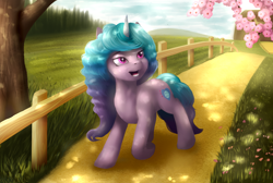 Size: 1900x1280 | Tagged: safe, artist:ray-frost, izzy moonbow, pony, unicorn, g5, cloud, female, fence, flower, grass, open mouth, scenery, sky, solo, tree