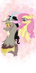 Size: 540x1080 | Tagged: safe, artist:cocolove2176, discord, fluttershy, draconequus, pegasus, pony, g4, abstract background, blushing, bust, eyelashes, female, male, ship:discoshy, shipping, straight, wings