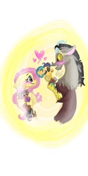 Size: 540x1080 | Tagged: safe, artist:cocolove2176, discord, fluttershy, draconequus, pegasus, pony, g4, abstract background, blushing, bust, female, heart, male, mare, plushie, ship:discoshy, shipping, smiling, straight