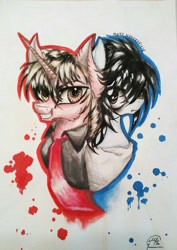 Size: 726x1024 | Tagged: safe, artist:maryhoovesfield, earth pony, pony, unicorn, bust, clothes, death note, duo, ear fluff, grin, horn, ponified, signature, smiling, traditional art