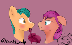 Size: 1624x1024 | Tagged: safe, artist:happydays0602, hitch trailblazer, sunny starscout, earth pony, pony, g5, blushing, female, floppy ears, heart, looking at each other, male, mare, pink background, ship:starblazer, shipping, signature, simple background, stallion, straight