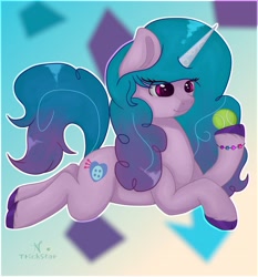 Size: 3813x4096 | Tagged: safe, artist:n_trickstar, izzy moonbow, pony, unicorn, g5, abstract background, ball, bracelet, female, high res, izzy's tennis ball, jewelry, mare, solo, tennis ball, unshorn fetlocks