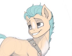 Size: 1247x984 | Tagged: safe, artist:cuppa_chow, hitch trailblazer, earth pony, pony, g5, blaze (coat marking), coat markings, ear fluff, facial markings, grin, looking back, male, pale belly, simple background, smiling, smirk, solo, stallion, teeth, white background