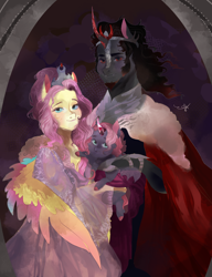 Size: 1000x1304 | Tagged: safe, artist:bunnari, fluttershy, king sombra, oc, pegasus, unicorn, anthro, unguligrade anthro, g4, alternate universe, baby, bust, couple, crown, family, female, group portrait, jewelry, male, offspring, parent and child, parent:fluttershy, parent:king sombra, parents:sombrashy, portrait, regalia, ship:sombrashy, shipping, straight, trio