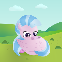 Size: 2000x2000 | Tagged: safe, artist:goldenflow, silverstream, classical hippogriff, hippogriff, g4, april fools 2021, beak, cute, diastreamies, female, grooming, high res, outdoors, preening, quadrupedal, solo, talon, vector, wings, zoomorphic