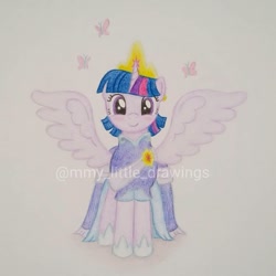 Size: 1079x1079 | Tagged: safe, artist:mmy_little_drawings, twilight sparkle, alicorn, pony, g4, the last problem, clothes, coronation dress, dress, female, gown, horn, jewelry, mare, second coronation dress, solo, spread wings, tiara, traditional art, twilight sparkle (alicorn), watermark, wings