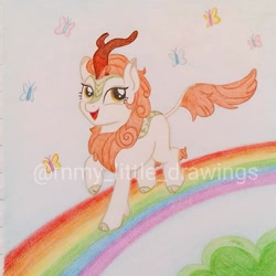 Size: 963x963 | Tagged: safe, artist:mmy_little_drawings, autumn blaze, butterfly, kirin, g4, cloven hooves, eyelashes, female, horn, leonine tail, open mouth, rainbow, raised hoof, smiling, solo, traditional art, watermark
