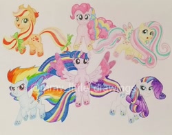 Size: 1080x850 | Tagged: safe, artist:mmy_little_drawings, applejack, fluttershy, pinkie pie, rainbow dash, rarity, twilight sparkle, earth pony, pegasus, pony, unicorn, g4, eyelashes, female, hat, horn, mane six, mare, rainbow power, smiling, spread wings, traditional art, two toned wings, watermark, wings