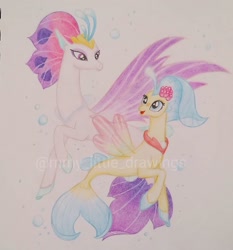 Size: 1079x1156 | Tagged: safe, artist:mmy_little_drawings, princess skystar, queen novo, seapony (g4), g4, my little pony: the movie, bubble, colored pencil drawing, crown, dorsal fin, duo, female, fin, fin wings, fins, fish tail, flowing mane, flowing tail, freckles, happy, jewelry, looking at each other, mother and child, mother and daughter, necklace, ocean, open mouth, open smile, pearl necklace, regalia, simple background, smiling, swimming, tail, traditional art, underwater, water, watermark, white background, wings