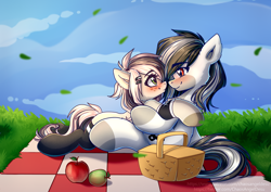 Size: 1414x1000 | Tagged: safe, artist:chaosangeldesu, oc, oc only, earth pony, pony, apple, basket, blushing, clothes, cuddling, female, food, hair accessory, looking at each other, male, outdoors, picnic, picnic basket, picnic blanket, smiling, socks