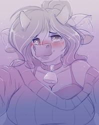 Size: 3300x4164 | Tagged: safe, artist:ardail, oc, oc:mocha latte, cow, anthro, bell, blushing, cowbell, cowified, crying, floppy ears, pogchamp, species swap, tears of joy