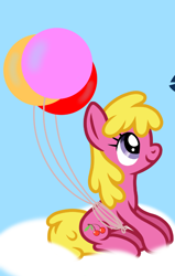 Size: 634x1000 | Tagged: safe, artist:apronspawn, edit, cherry berry, first base, earth pony, pony, g4, background pony, balloon, cloud, female, lying down, lying on a cloud, mare, offscreen character, on a cloud, simple background, sitting, sitting on a cloud, sky, sky background, smiling, solo focus