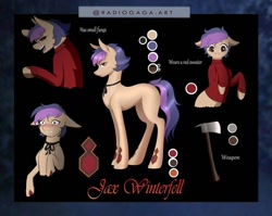 Size: 1080x859 | Tagged: safe, artist:radiogaga.art, oc, oc only, earth pony, pony, axe, bust, clothes, earth pony oc, insanity, male, reference sheet, stallion, story included, weapon