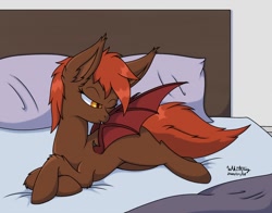 Size: 1280x1002 | Tagged: safe, artist:zackwhitefang, oc, oc only, oc:zack whitefang, bat pony, pony, bat pony oc, bed, female, grooming, preening, signature, solo