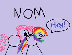 Size: 827x637 | Tagged: safe, artist:twilyisbestpone, derpibooru exclusive, pinkie pie, rainbow dash, earth pony, pegasus, pony, g4, 1000 hours in ms paint, angry, april fools 2021, do not want, female, grooming, intentionally bad, mare, nom, preening, purple background, simple background, speech bubble, stick pony, stylistic suck, wings