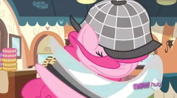 Size: 496x276 | Tagged: safe, screencap, pinkie pie, earth pony, pony, g4, mmmystery on the friendship express, season 2, cartoon physics, deerstalker, detective, female, frame, great moments in animation, hat, hub logo, magnifying glass, sherlock pie, smear frame
