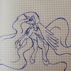 Size: 1080x1080 | Tagged: safe, artist:tessa_key_, princess celestia, alicorn, pony, g4, eyelashes, female, graph paper, hoof shoes, horn, jewelry, lineart, mare, peytral, rearing, solo, tiara, traditional art, wings