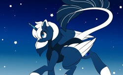 Size: 1080x667 | Tagged: safe, artist:tessa_key_, oc, oc only, oc:moonlight, alicorn, pony, alicorn oc, colored hooves, eyelashes, female, horn, leonine tail, mare, night, solo, stars, two toned wings, wings