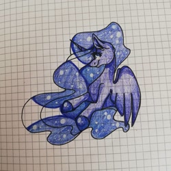 Size: 1080x1080 | Tagged: safe, artist:tessa_key_, princess luna, alicorn, pony, g4, bust, colored hooves, ethereal mane, eyelashes, female, graph paper, horn, mare, smiling, solo, starry mane, traditional art, wings